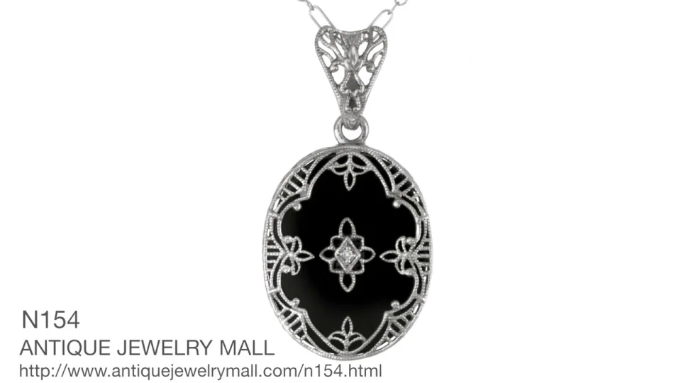 Art Deco Flowers Oval Black Onyx and Diamond Filigree Pendant Necklace in  Sterling Silver