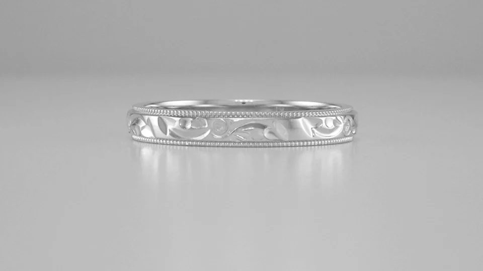 art deco flowers & leaves millgrain edge engraved wedding band in white gold — antique jewelry mall art deco flowers &