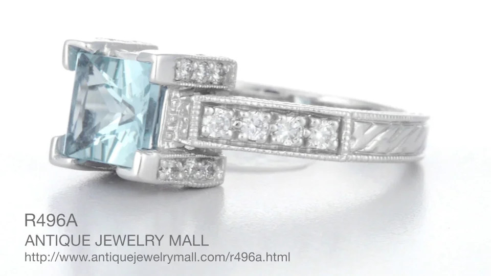 Art Deco 1 Carat Princess Cut Aquamarine and Diamond Engagement Ring in 18  Karat White Gold Video - R496A