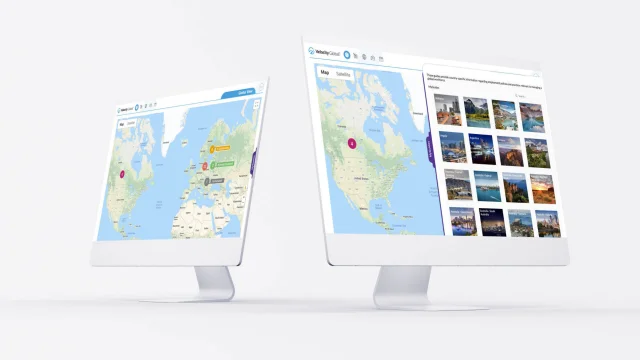 pantallas de aplicaciones web que muestran mapas globales y guías de países