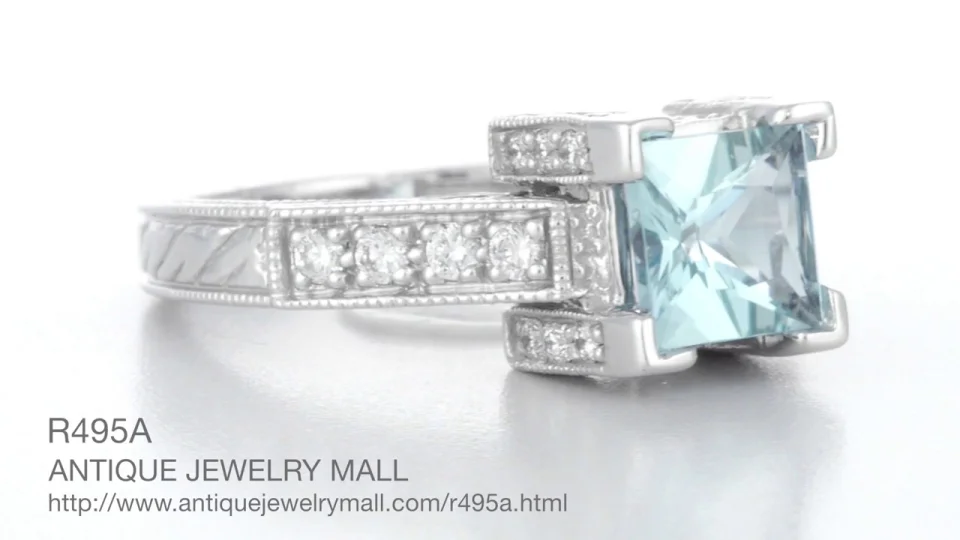 Platinum Art Deco 1 Carat Square Princess Cut Aquamarine and Diamond  Engagement Ring Video - R495A