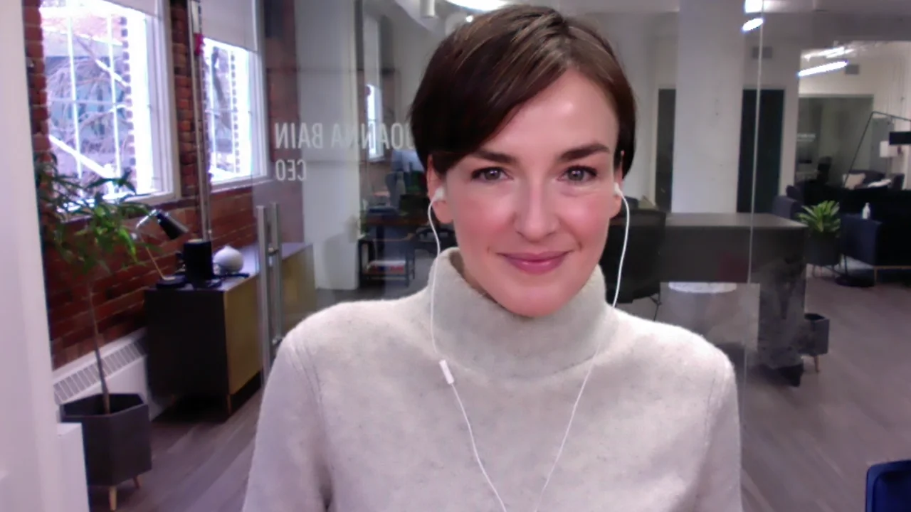 Special guest, Bree Weber smiles into the camera as she prepares to deliver a presentation on writing effective and ethical cold pitch emails