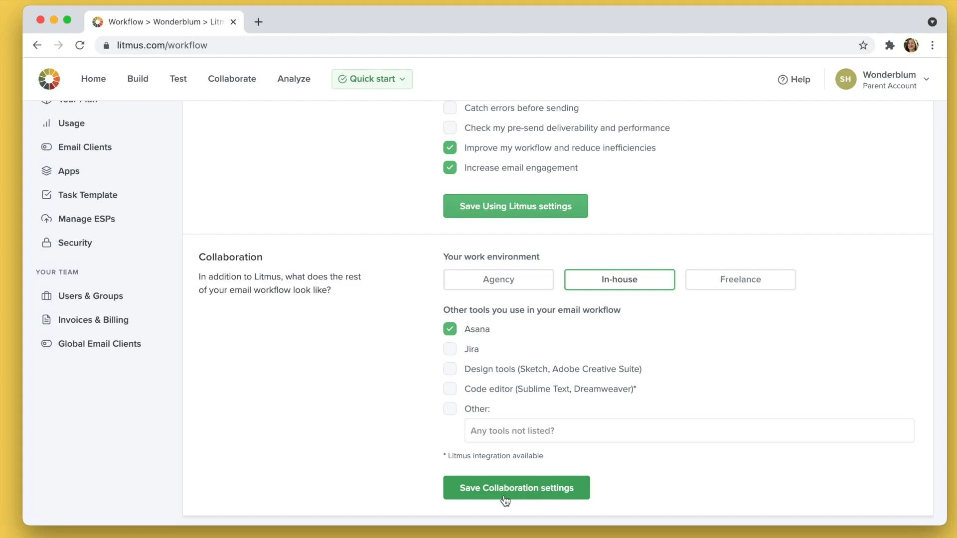 how to customize your profile in Litmus